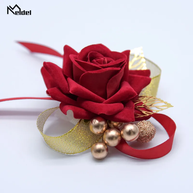 Red Bridesmaids Wrist Corsage Party Fabric Rose Wristband Flower Ribbon Decor Bride Wedding Ornament Bridesmaid Hand Flore |