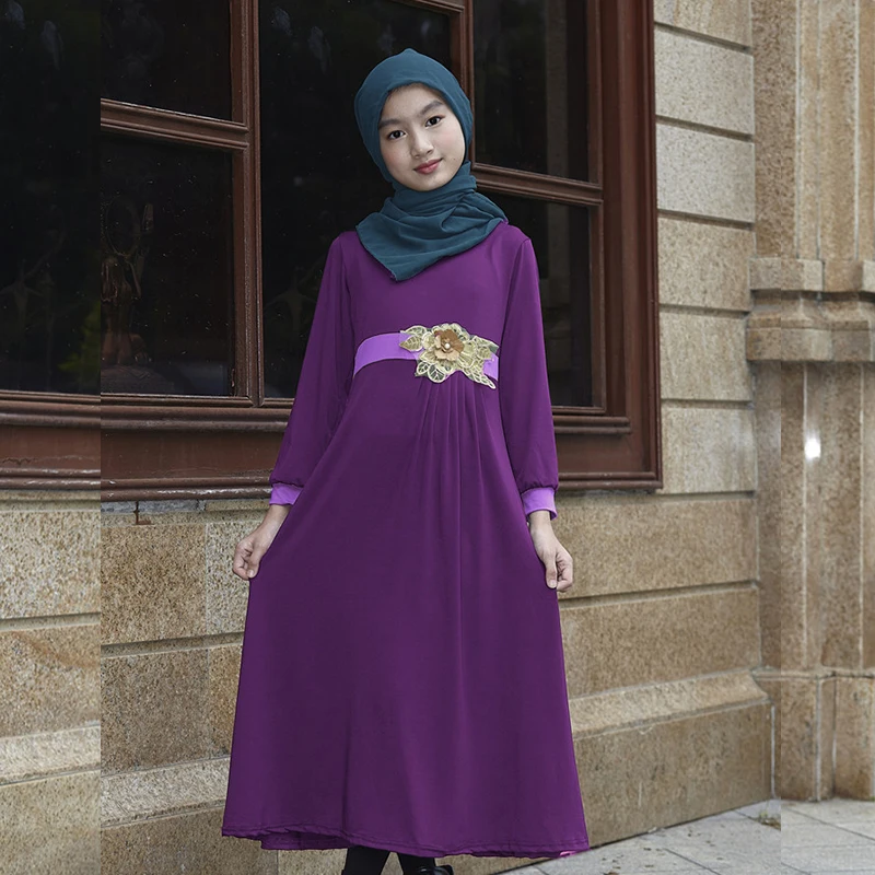 

Girls Muslim Dress Long Traditional Islamic Robes with Belt Slim Waist Abaya Excluding Hijab Red Purple Grey Pink Black