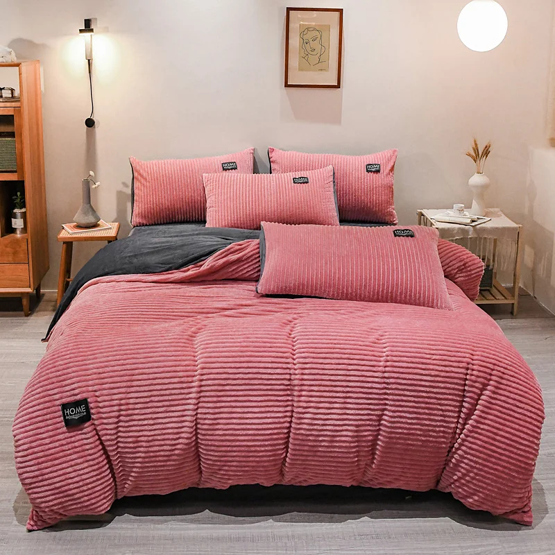 

Fitted sheet magic Fleece bedding set 3or 4pcs/set stripe bed set home duvet cover flat sheet pillowcase 2020 warm bed linen set