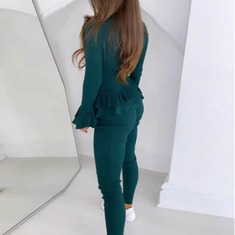 

Women Casual Elegant Knitted Two-Piece Sets 2020 Auutmn Winter Vintage Flare Sleeve Tops And Slim Pant Suit Female Warm Homesuit