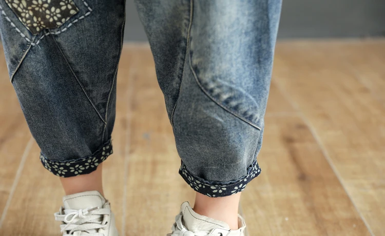 

2021 Spring Summer Retro Distressed Stitching Printed Patchwork Jean Trousers Loose Casual Ankle-Length Vintage Denim Pants