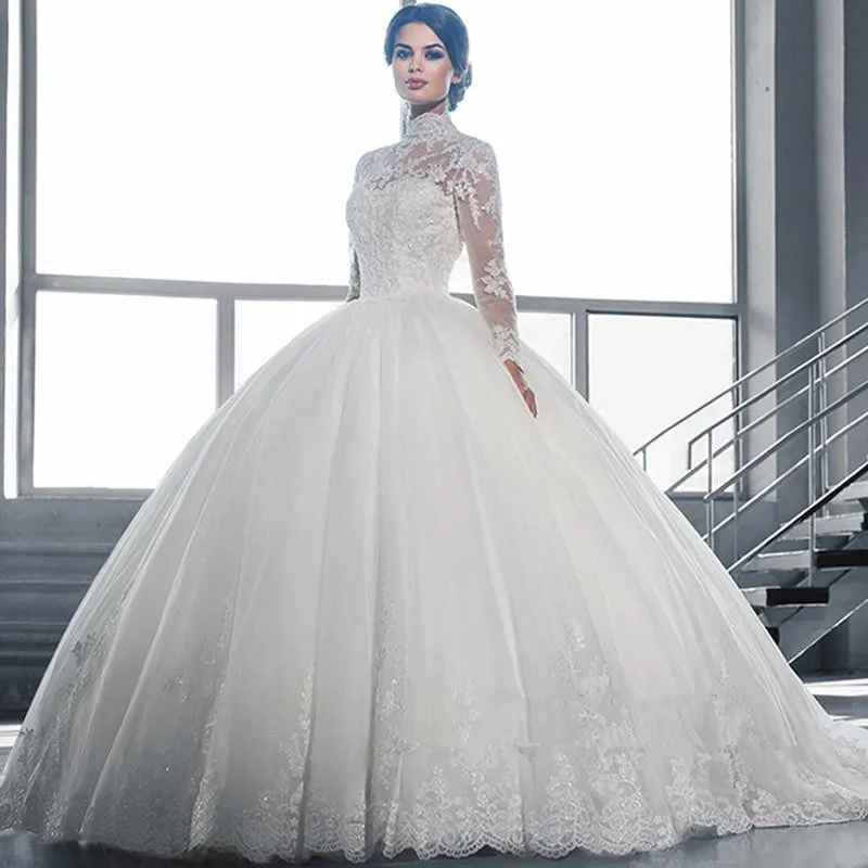 Фото Vestido de baile Vintage, Vestidos de boda de Princesa, манга larga, аппликации abiertos en la espalda, encaje de tul, falda escal №1