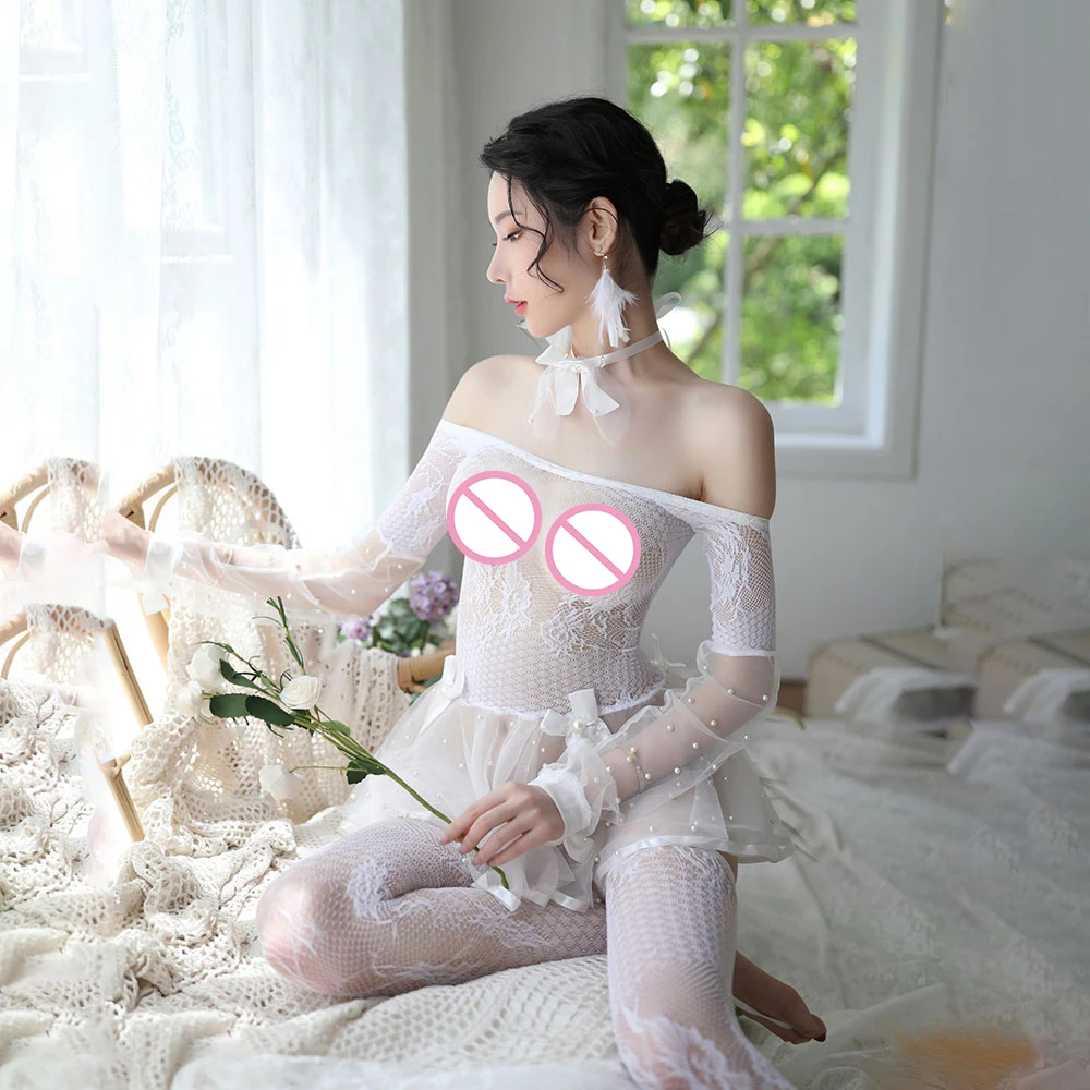 Sexy Exotic Women Lingerie Set Long Sleeves Mesh Skirt Sleepwear Babydoll Underwear Chemises with Stockings | Тематическая одежда