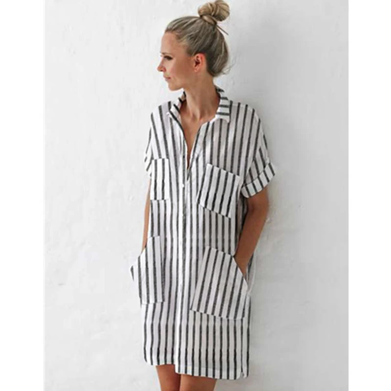 

Fashion Womens Pocket Short Sleeve Stripe Print Lapel Shirt Dress Party Elegant Button Sundress 2021