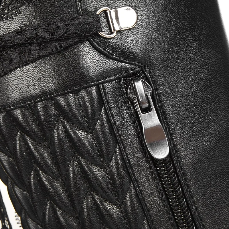 Женские зимние сапоги из натуральной кожи на толстом высоком каблуке с круглым