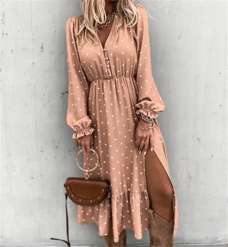 

Women's 2021 Spring V-neck Ear Clip Polka Dot Su Fold Printed Long Sleeve Dress Autumn Women Dresses