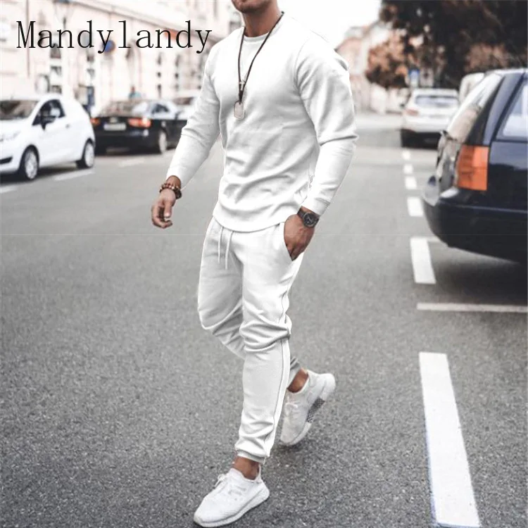 

Mandylandy Men's Casual Long Sleeve O-Neck Top Mid Waist Lace-up Pocket Pencil Pants Suit Autumn Winter Solid Loose Sports Suit