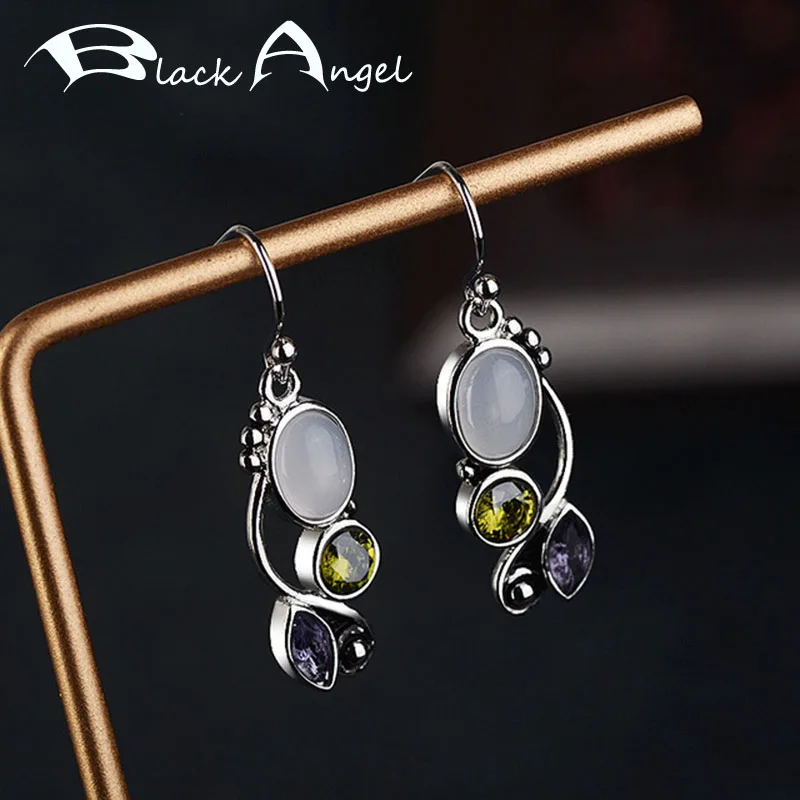 

BLACK ANGEL Amethyst Droplets Pear-Shaped Moonstone Gemstone 925 Sterling Silver Long Drop Earrings For Women Wedding Jewelry