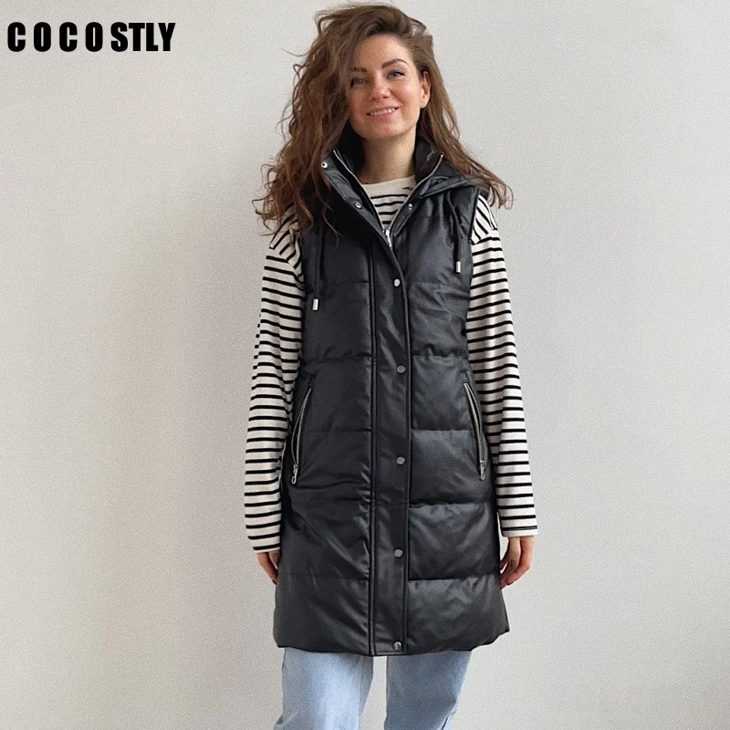 

New Winter Women Gilet Hooded Faux Leather Vests Coat Elegant Pockets Sleeveless Jacket Female Long Waistcoat Gilet trf