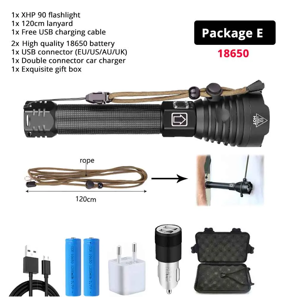 18650-Package E Перезаряжаемый светодиодный светильник-вспышка самый мощный тактический фонарь XHP90 водонепроницаемый масштабируемый охотничий светильник с батареей 18650 или 26650 - Испускаемый цвет: 18650-Package E