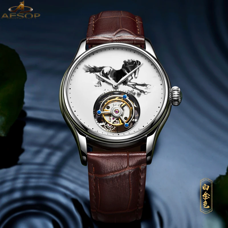 

AESOP Men's Mechanical Tourbillon Leather Male Watch Skeleton At Watch Man Luxury Clock Mechanical Watch for Men reloj hombre
