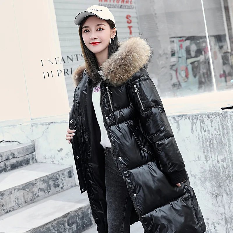

Glossy 2019 New Winter Jacket Women Warm Thicken Hooded With Fur Long Coat Shining Fabric Stylish Female Parka Coats