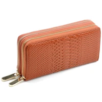 new fashion women genuine leather wallets double zipper ladies clutch bag snake pattern ladies long wallet with handstrap