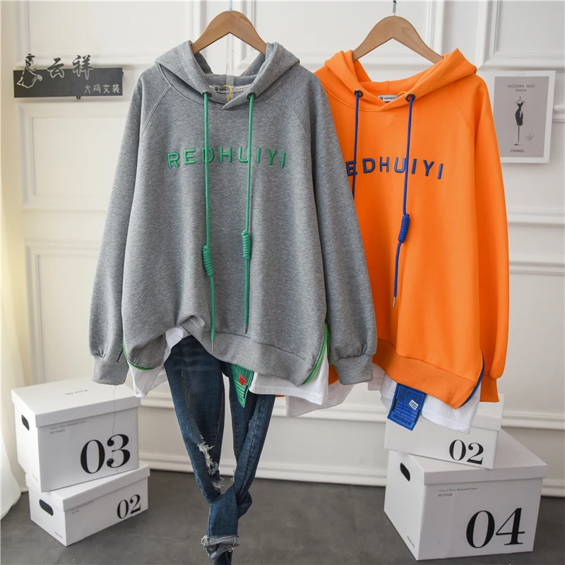 

BF Style Cool Embroidery Pullover Hoodie Women Full Sleeve 2021 Fashion Loose Patchwork Hooded Sweatshirt Coat