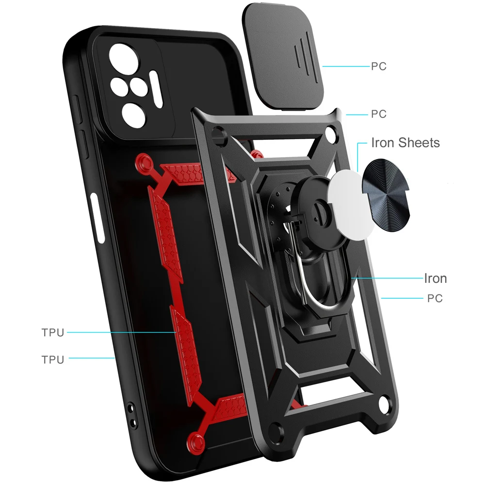 

KEYSION Shockproof Ring Case for Redmi Note 10 Pro 10S 9 8 9T 9A K40 Push Pull Camera Protection Phone Cover for POCO X3 NFC F3