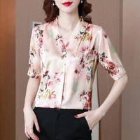 summer floral satin women shirts blouses office lady shirt sleeve womens tops and blouses green blouses for women