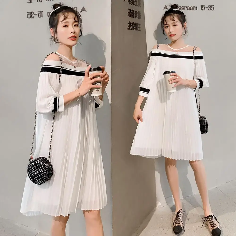 

White Maternity chiffon dress 2020 Spring Snash-Neck Open Shoulder Festival pleated slim elegant loose dress