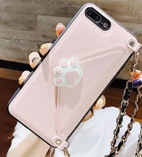 Розовый Чехол-кошелек Kawaii с когтями кошки для iPhone 11 PRO XS MAX 6 8 plus huawei P20 P30 Pro с отделением для карт и цепочкой с длинным ремешком - Цвет: Розовый
