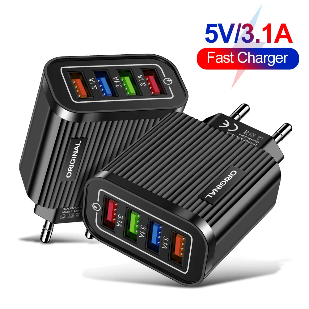 18W Quick Charge3.0 Travel Charger 4USB Charger Fast Charging EU/UK Wall Power Adapter For iPhone12 Xiaomi Mobile Phones Charger