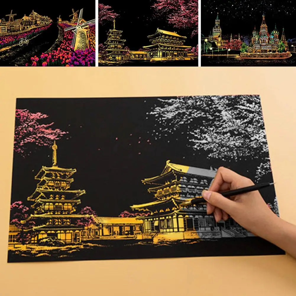 

Tower Castle Windmill Balloon Scratch Art Painting Drawing Paper Kids Funny Toy