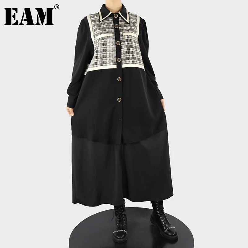 

[EAM] Women Tweed Plaid Black Big Size Shirt Dress New Lapel Long Sleeve Loose Fit Fashion Tide Spring Autumn 2022 1DE5893
