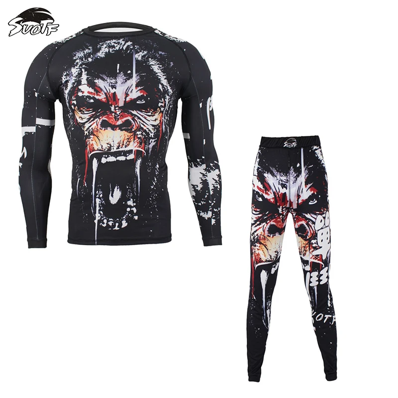 Набор для бокса компрессионный трикотаж и штаны 3D принт волка Рашгард кикбоксинг
