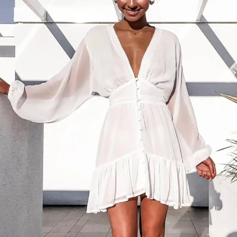 

Women Lantern Sleeve Sexy Plunge V-Neck Flowy Mini Dress White Chiffon Pleated Ruffles Lace High Waist Buttons Summer Beach Sund