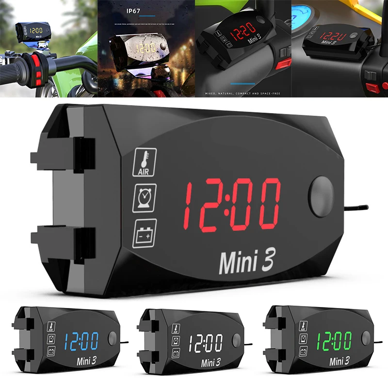 

For Auto Gauges 1pc 3 In 1 Universal Motorcycle Electronic Clock Thermometer Voltmeter IP67 Waterproof LED Watch Digital Display