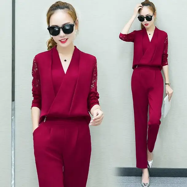 Новый 2019 Женский комплект 2 шт. костюм женский длинный рукав кружевная рабочая