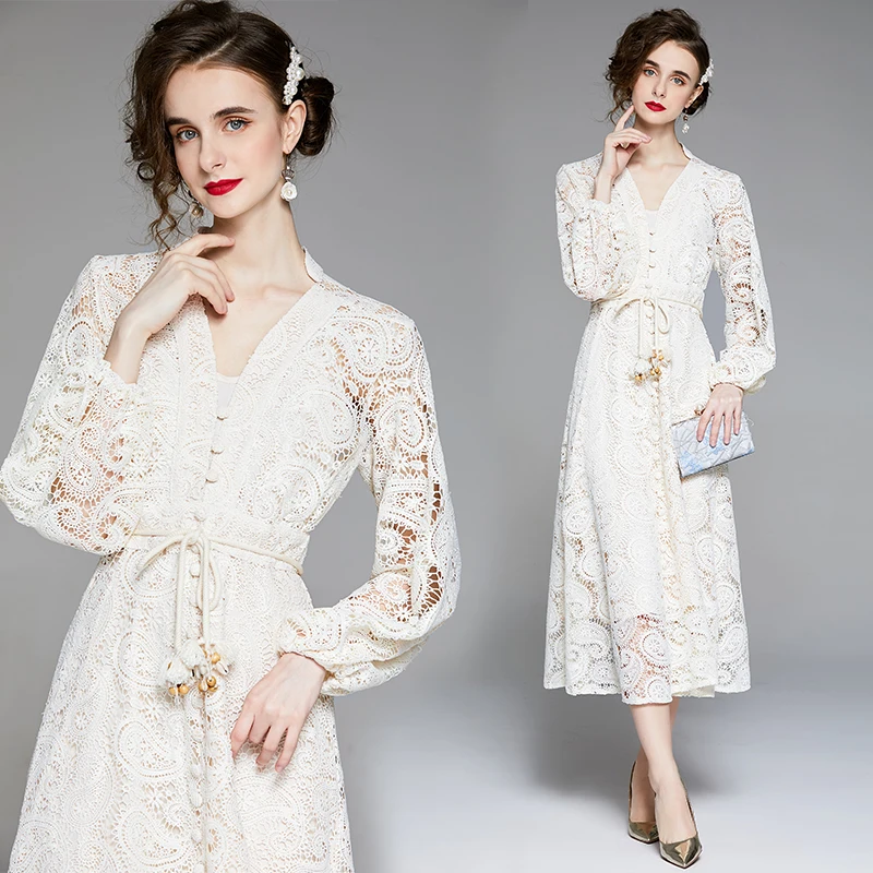 

Lace Dress Women Elegant Hollow Out Slim Long Sleeve Midi Dresses Halter Two Piece Set Belt Lace Up Dresses Woman Party Night