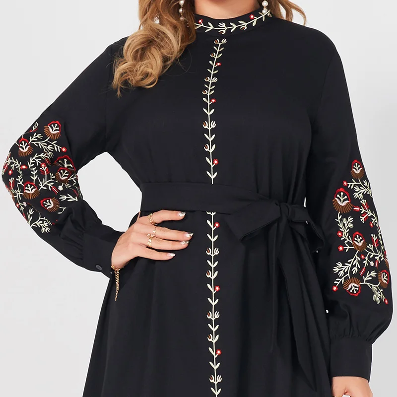 

MakFound New Women's Autumn Dress Black Plus Size Stand Collar Lantern Long Sleeve Embroidery Detail Belted Vintage Maxi Robe