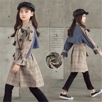 girls trench coat fashion plaid splicing teens kids double breasted outerwear 10 12 years childrens clothing khaki windbreaker