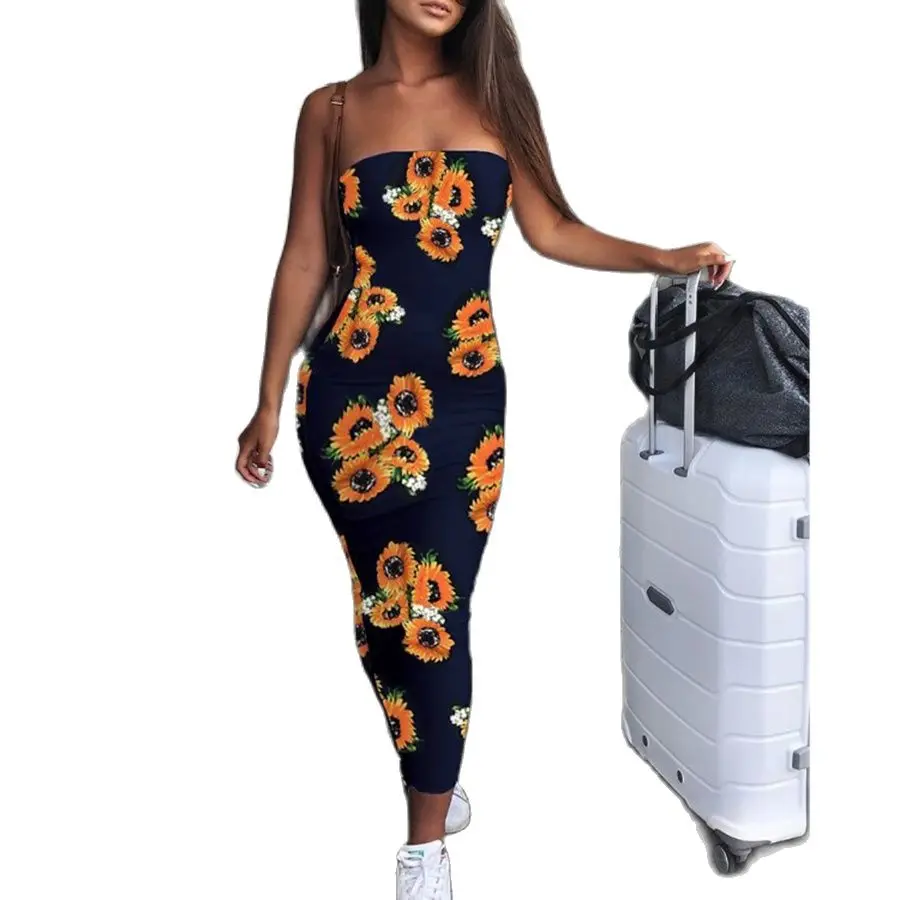 

Женское платье с открытыми плечами, длинное облегающее Повседневное платье без рукавов с принтом подсолнухов, весна-лето