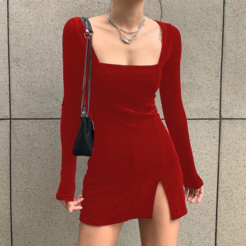 

2020 Autumn New Women Long Sleeve Sexy Bodycon Dresses Square Collar Solid Mini Party Dress Vestidos