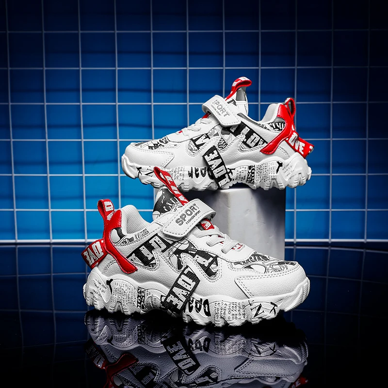 

2021 Spring Kids Sneakers Sports Shoes For Boys Children Casual PU Leather Girls Sneaker Graffiti Student Shoes Child Anti-Slip