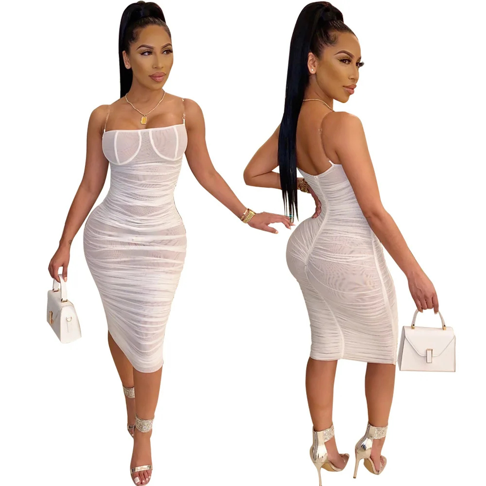 

Sexy Spaghetti Strap Pleated Mesh See Through Dress 2019 Autumn Women Fashion Backless Mid-Calf Dress High Waist Night Club Wear