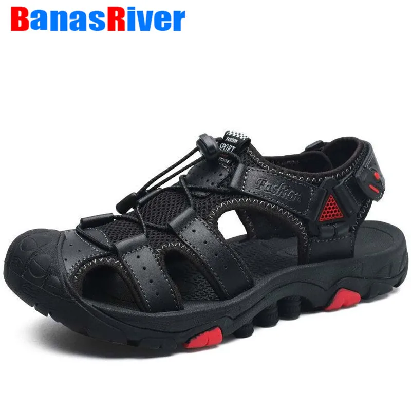 Мужские летние кожаные сандалии повседневные на плоской подошве пляжные