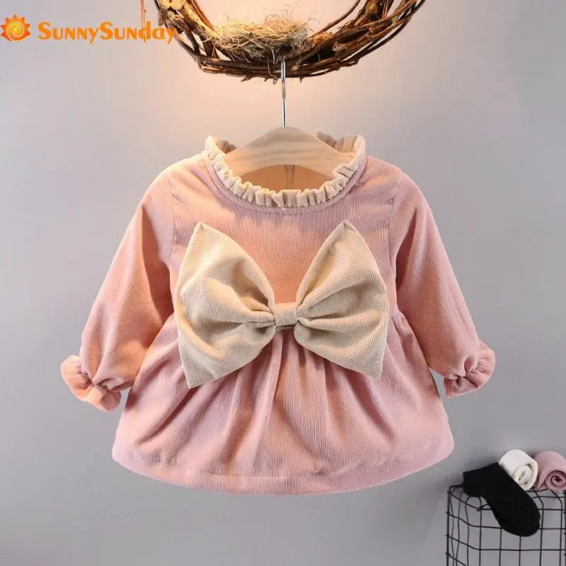 

2018 New Cute Thick Plus Velvet Dress Baby Girls' Big Bow Tie Princess Toddler Cotton Solid Warm Dresses Children's Clothing