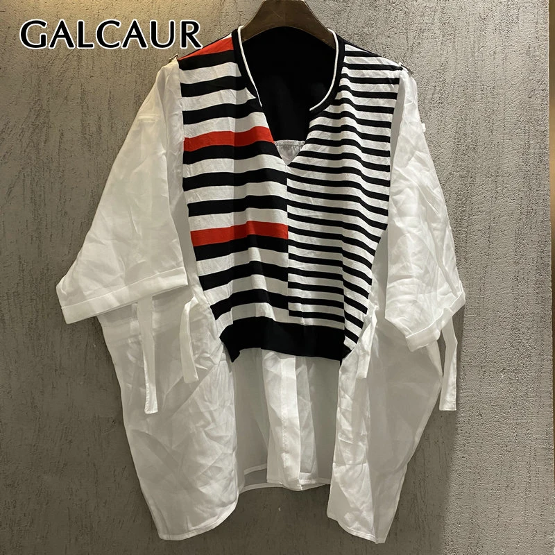 

GALCAUR Pullover Shirt For Women V Neck Short Sleeve Striped Patchwork Hit Color Loose Blouses Females Fashion 2021 Clothing New