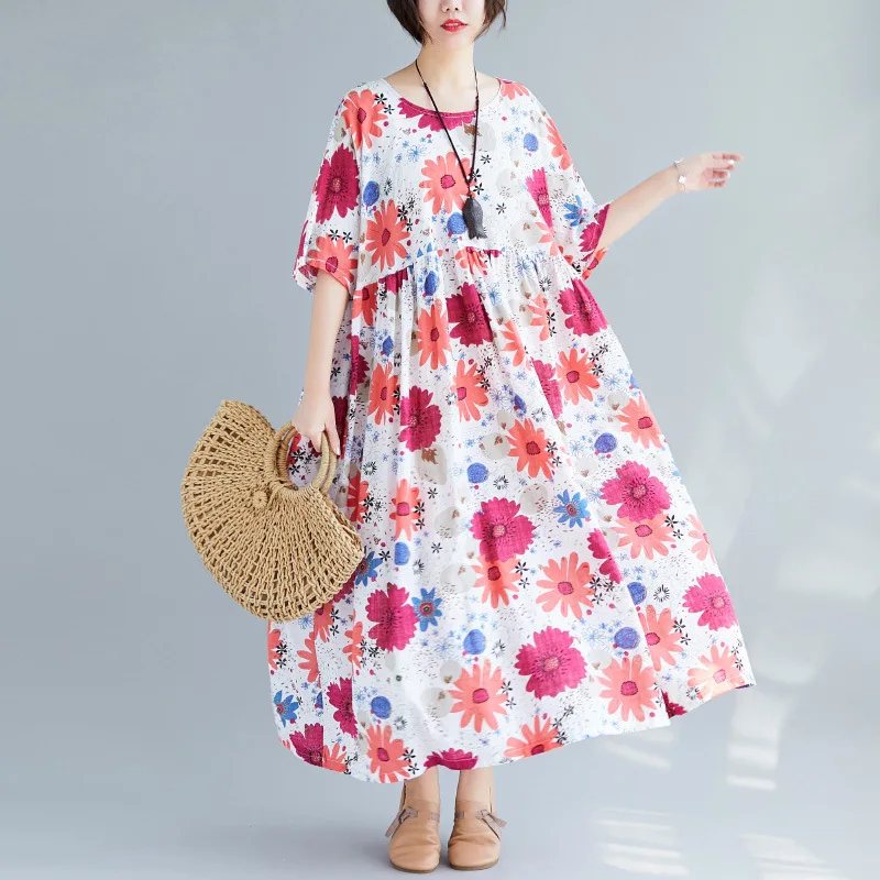 

Summer Casual Cotton Linen Long Dress Women Ooversized Pink Flower Print Loose Oversized Maxi Dresses Vestidos Robe De Mujer