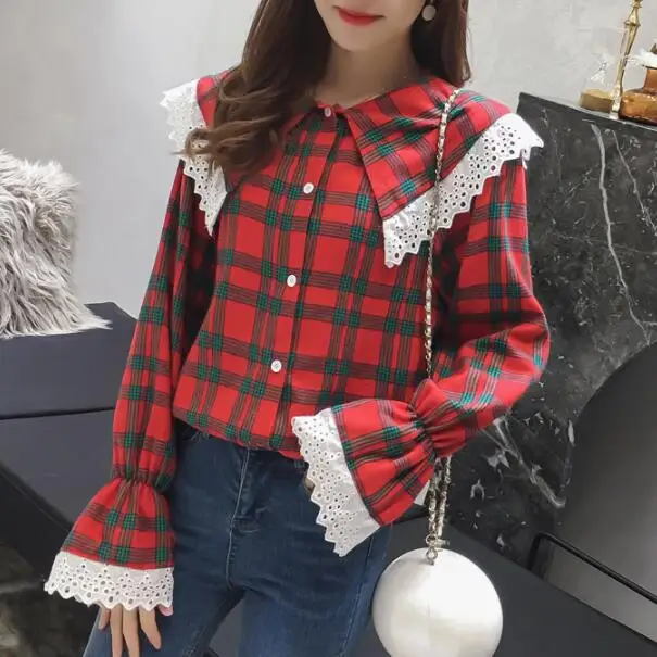 Школьная рубашка в японском стиле клетку с воротником Питер Пэн для девочек