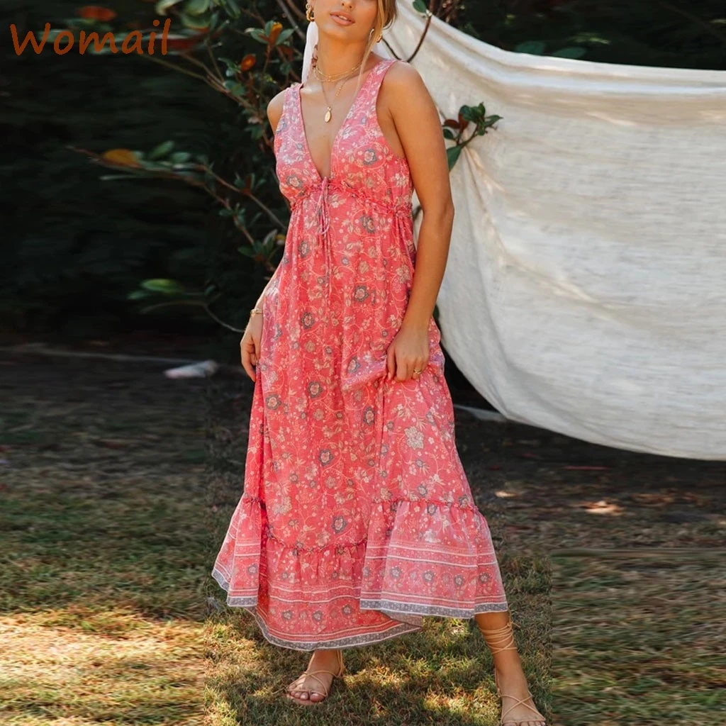 Женское богемное платье с цветочным принтом сексуальное летнее без рукавов