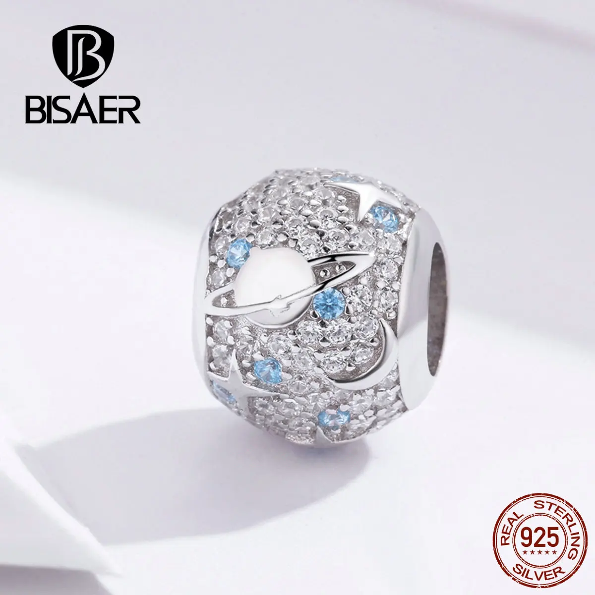 BISAER циркониевые бусины, 925 пробы, серебро, Сияющая Звезда, Луна, подвеска в виде планеты, бусины, подходят для DIY браслетов, серебро 925, ювелирные изделия ECC1217