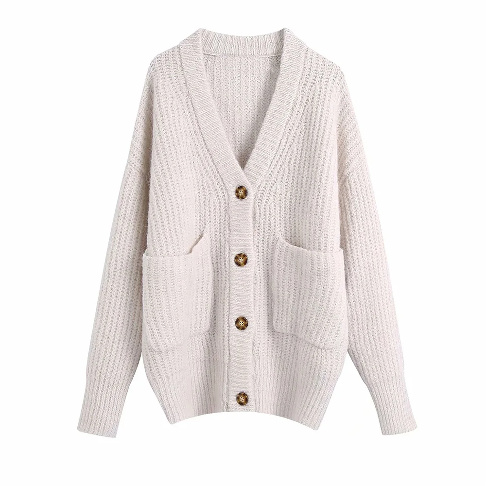 

Women 2021 Fashion With Pockets Loose Knit Cardigan Sweater Vintage Long Sleeve Button-up Female Outerwear Chic Tops