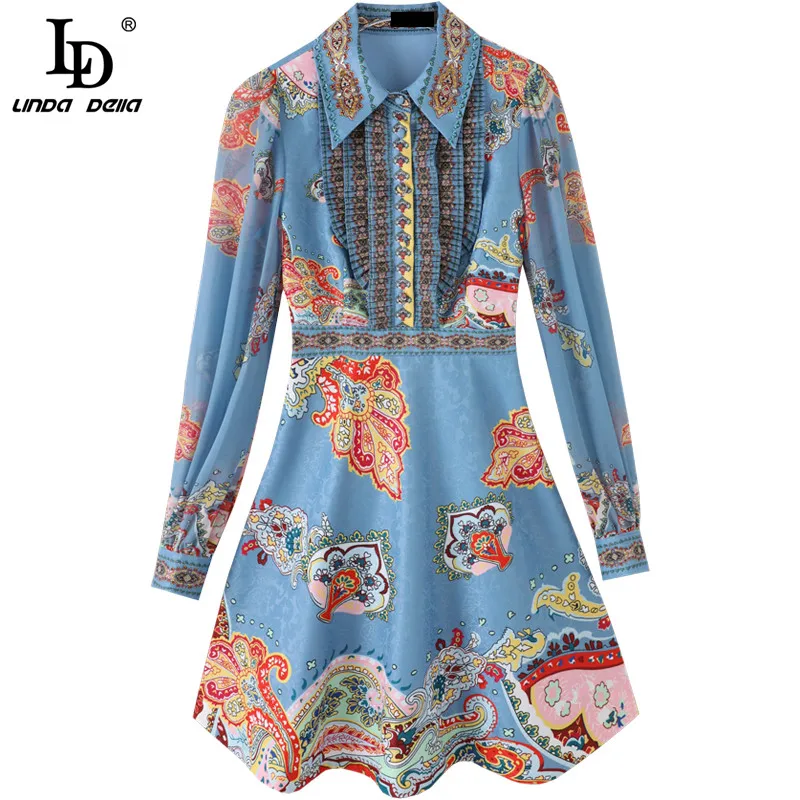 

LD LINDA DELLA Summer Fashion Runway Designer Dress Women Long sleeve High waist Floral print A-line Female Vintage Mini Dress