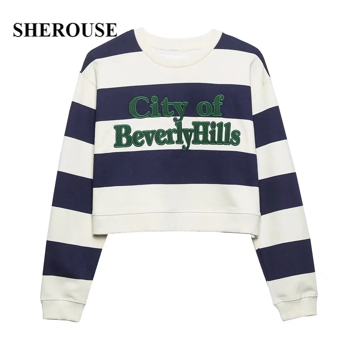 

Sherouse Women Fashion Letter Printed Striped Sweatshirts Vintage O-Neck Long Sleeves Female Streetwear Chic Tops