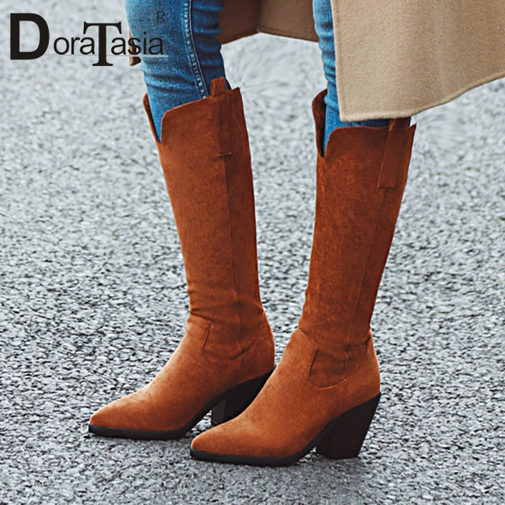 

DORATASIA Retro Lady Flock Winter Pointed Toe High Heels Mid Calf Boots Solid Casual Boots Women Consise Brand Shoes Woman