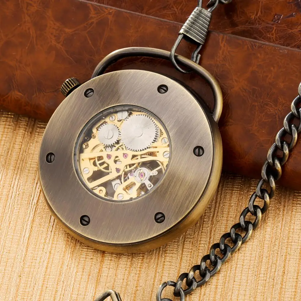

Men Women Pocket Watch Bronze Transparent Holder Mechanical Hand Wind Fob Hour Unisex Gift + Chain Necklace Accessory Pendant