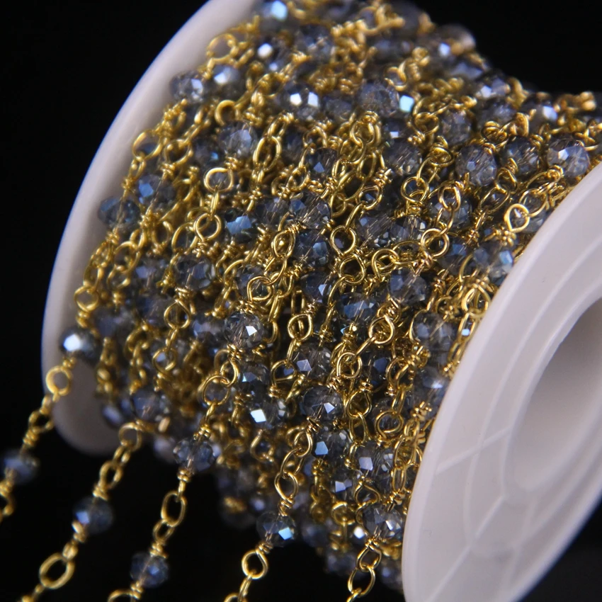 

5Meters,3x4mm Blue Grey Glass Faceted Rondelle Plated Gold Copper Wire Rosary Chain,DIY Bracelet Necklace Chain Jewelry Supplies