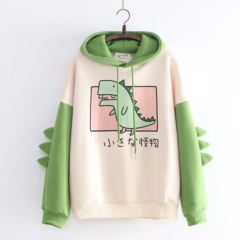 Осенние теплые толстовки с милым принтом динозавра женские милые повседневные